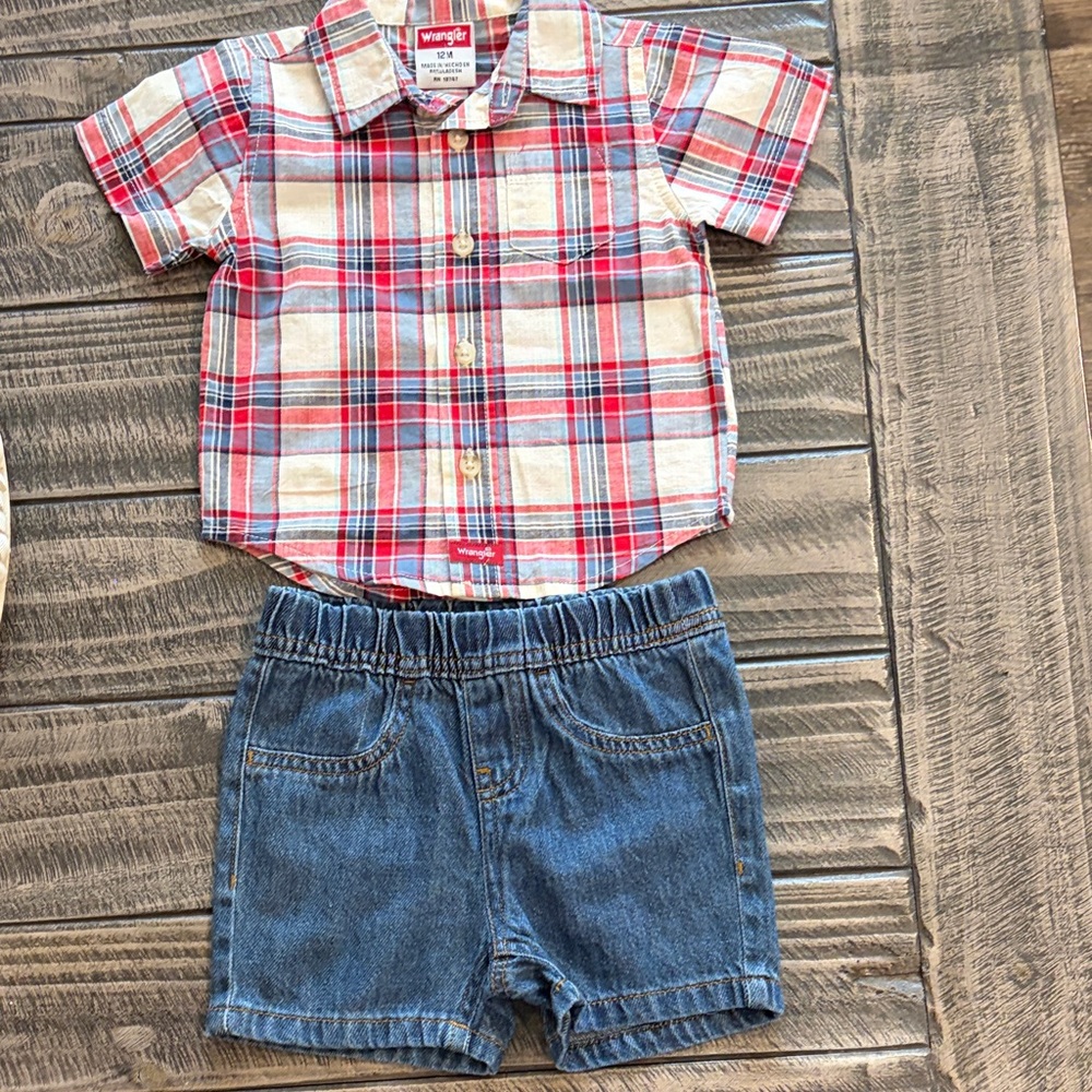 Wrangler Red and Cream Plaid Button-Up with Blue Denim Shorts
